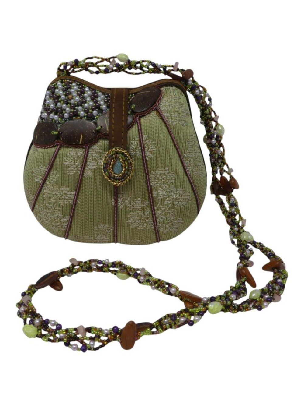 Mary Frances Beaded Mini Crossbody Bag Green Brown Floral Boho